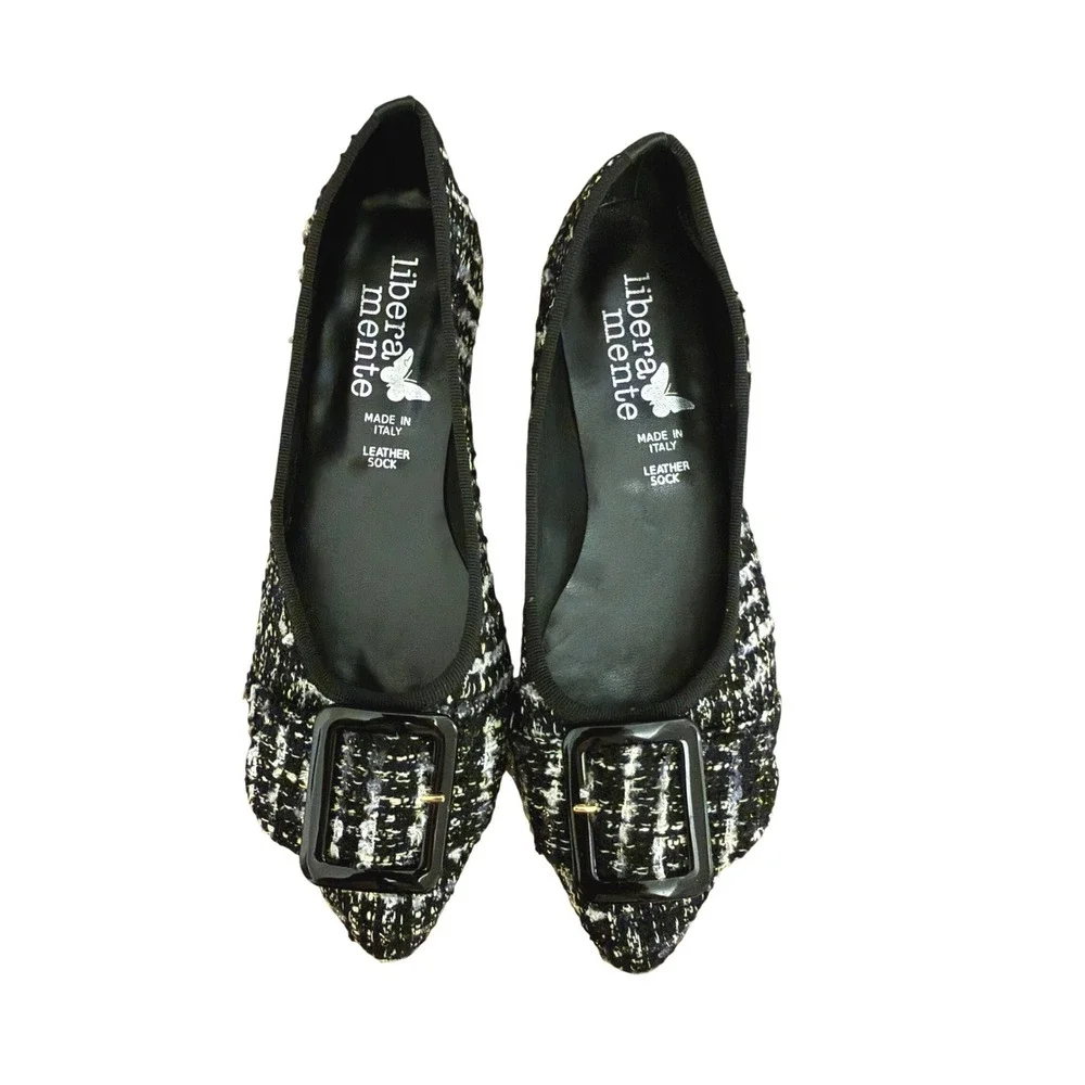 Libera Mente Black Boucle Tweed Pointy Toe Flats Buckle EU 40 Italy New